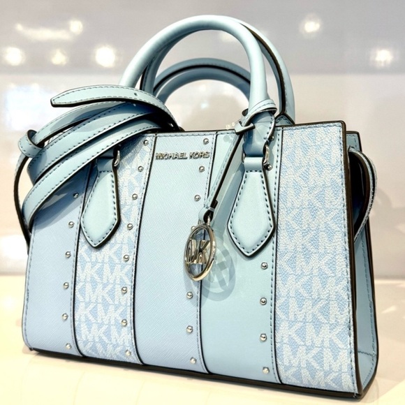 Michael Kors Sheila Small Studded Signature Logo Satchel Bag Light Sky Blue - Picture 1 of 10